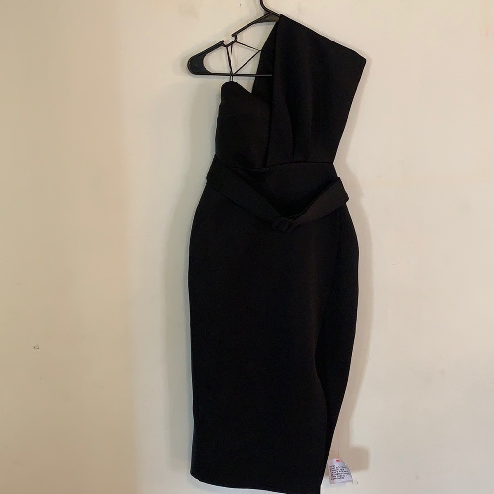 ASOS black off shoulder evening dress with belt with front  slit size 12.